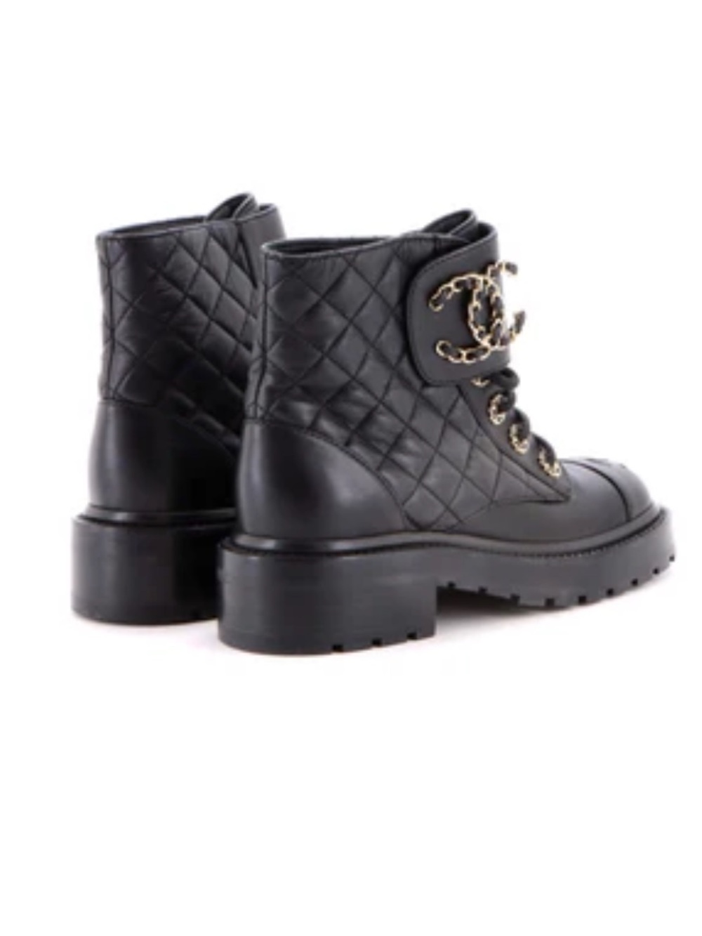 CHANEL Black Quilted Leather Lace-Up Ankle Boots with Chain CC Accent